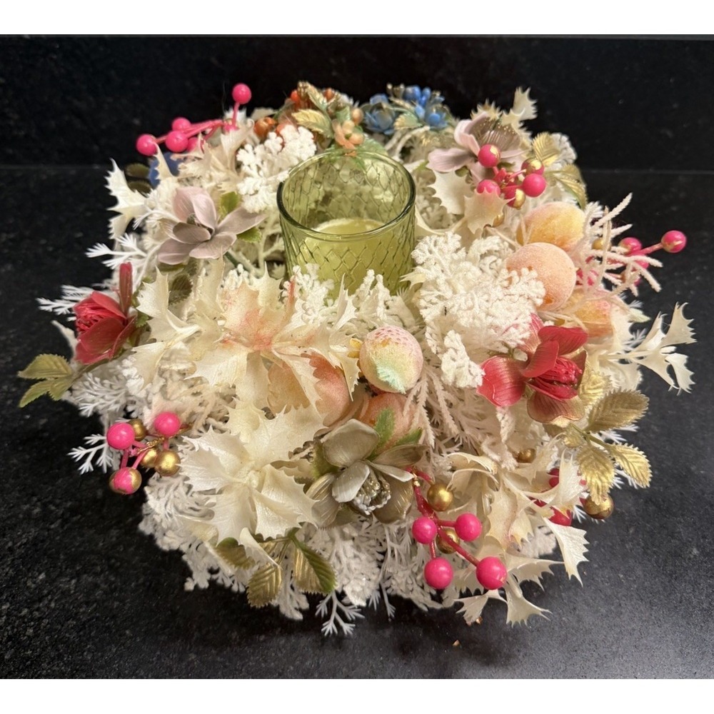 Vtg MCM Faux Floral Candle Wreath Holder 12" Christmas Centerpiece Decor